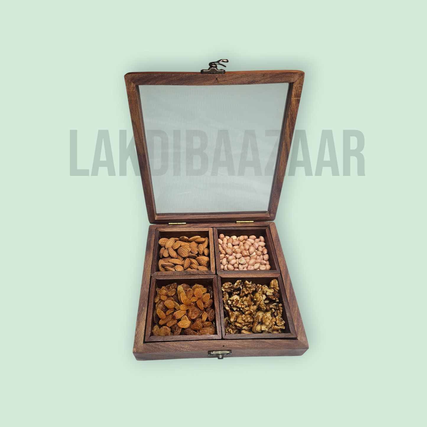 Handmade Sheesham Wood Dry Fruit Box with Transparent Lid – 4 Compartment Storage Organizer