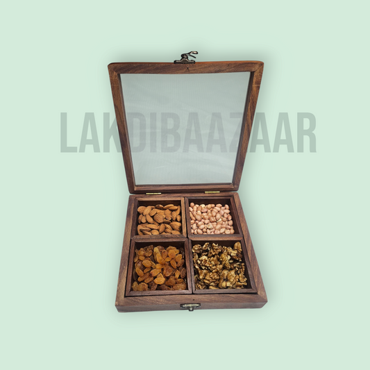 Handmade Sheesham Wood Dry Fruit Box with Transparent Lid – 4 Compartment Storage Organizer