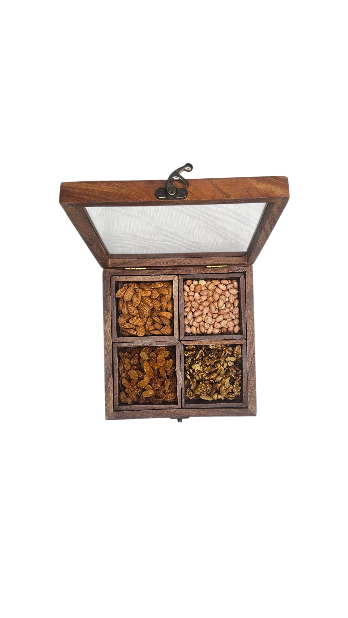 Handmade Sheesham Wood Dry Fruit Box with Transparent Lid – 4 Compartment Storage Organizer