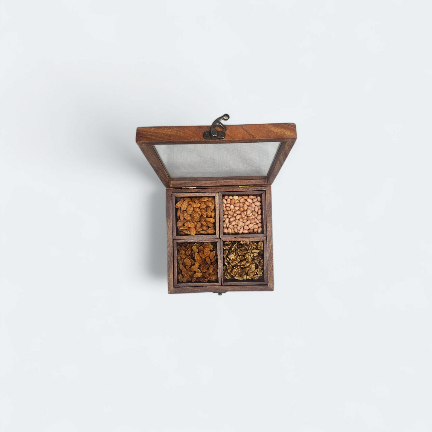 Handmade Sheesham Wood Dry Fruit Box with Transparent Lid – 4 Compartment Storage Organizer