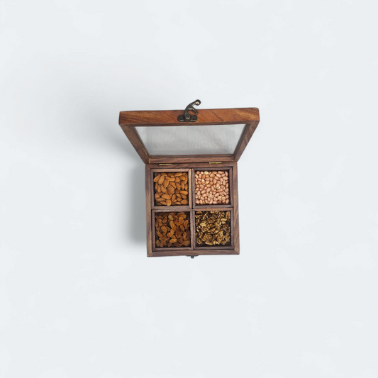 Handmade Sheesham Wood Dry Fruit Box with Transparent Lid – 4 Compartment Storage Organizer