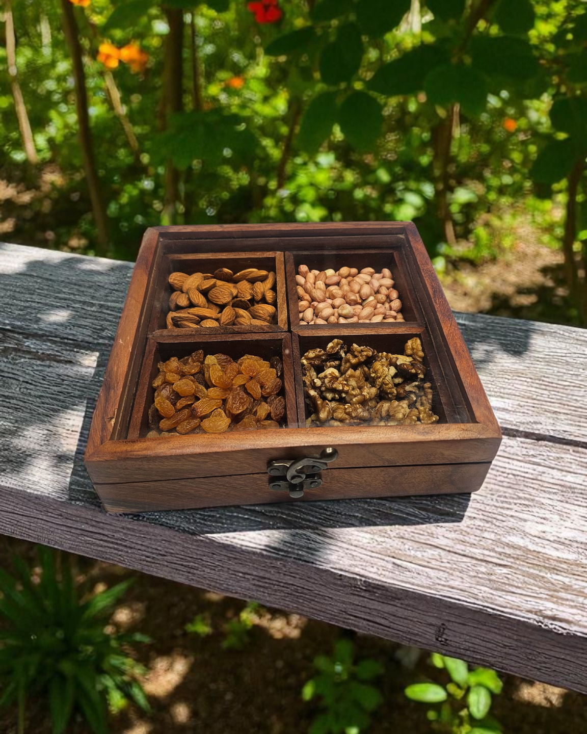 Handmade Sheesham Wood Dry Fruit Box with Transparent Lid – 4 Compartment Storage Organizer