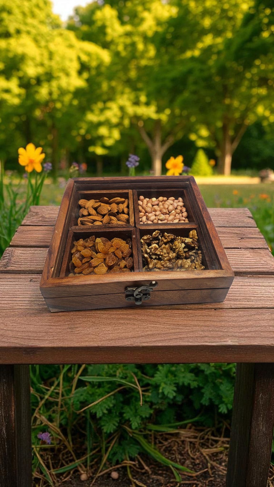 Handmade Sheesham Wood Dry Fruit Box with Transparent Lid – 4 Compartment Storage Organizer