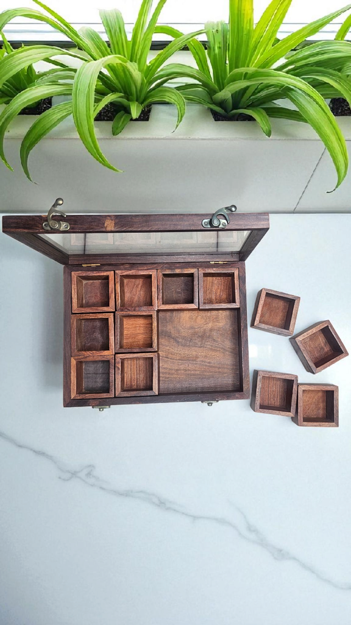 Handcrafted Sheesham Wood Spice Box with Glass Lid – 12 Compartment Masala Organizer