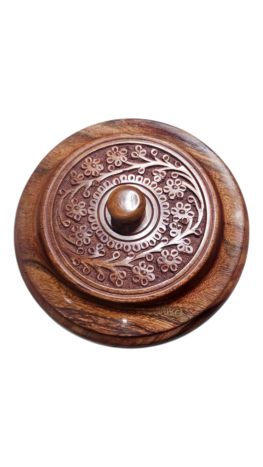 Top view of engraved wooden chapati box lid with floral carving