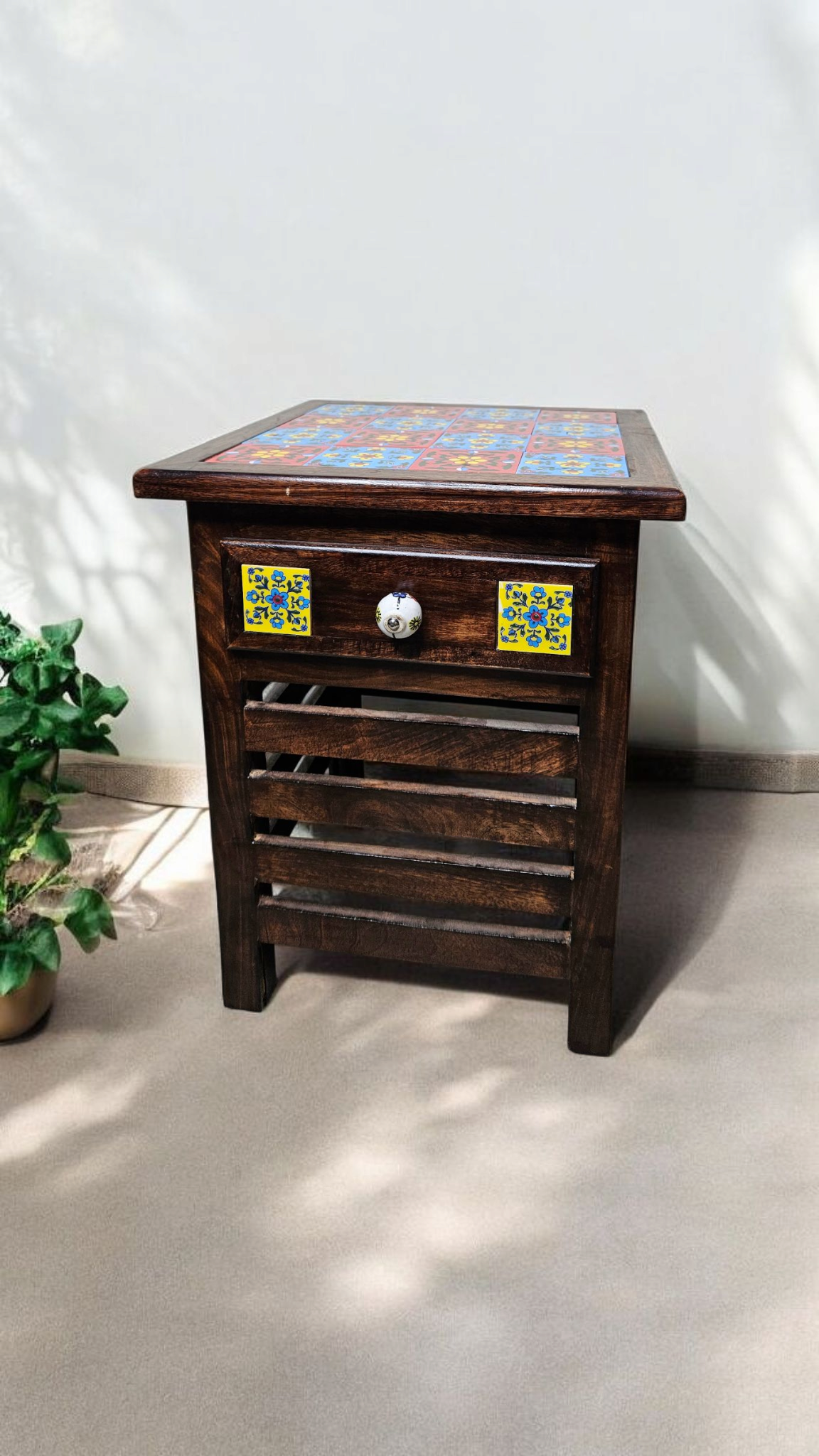 Handmade Wooden Tile-Top Stool | Multipurpose Side Table for Bedroom, Living Room, Dining & Decor | LakdiBaazaar