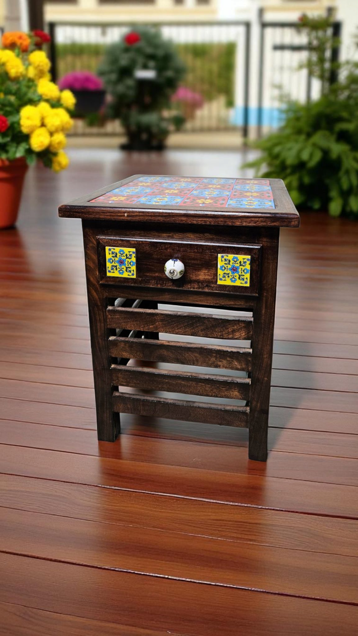 Handmade Wooden Tile-Top Stool | Multipurpose Side Table for Bedroom, Living Room, Dining & Decor | LakdiBaazaar