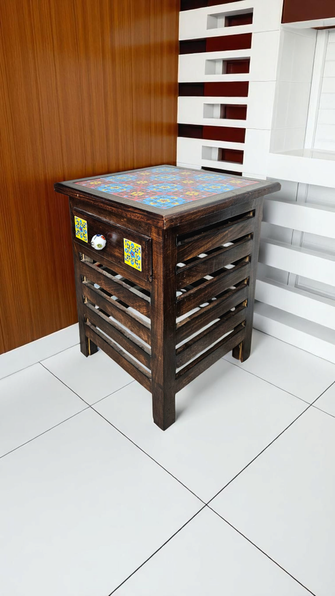 Handmade Wooden Tile-Top Stool | Multipurpose Side Table for Bedroom, Living Room, Dining & Decor | LakdiBaazaar