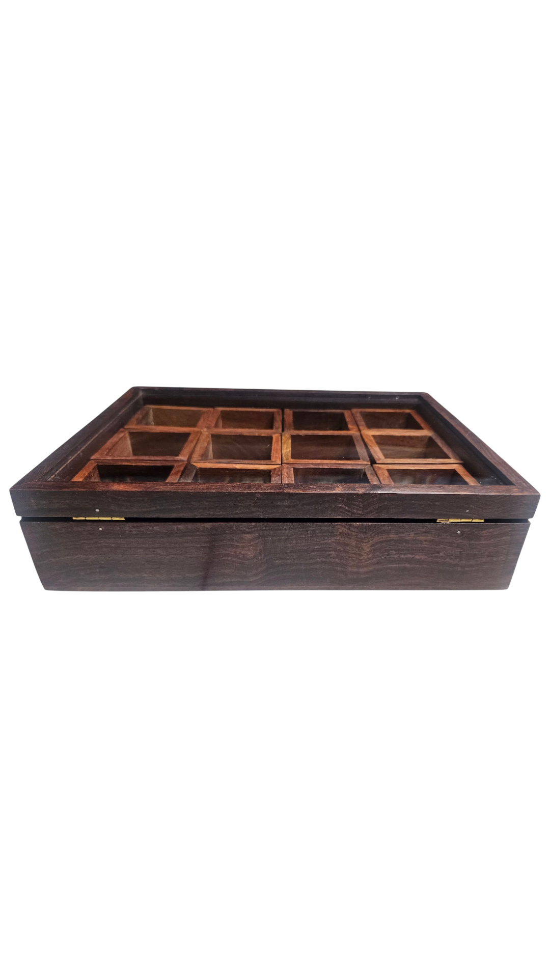Handcrafted Sheesham Wood Spice Box with Glass Lid – 12 Compartment Masala Organizer