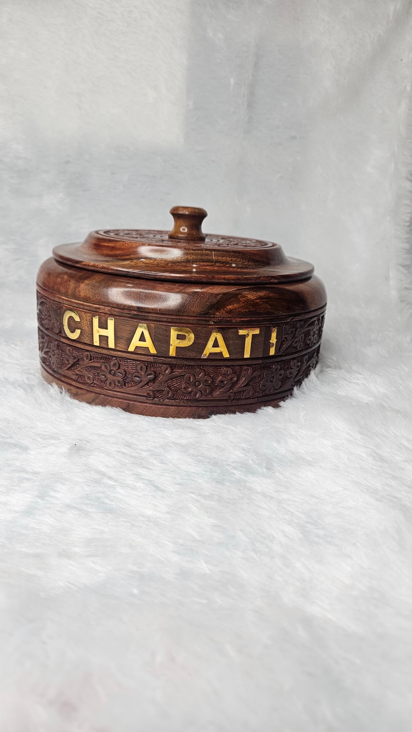 Side view of Sheesham wood chapati box with brass CHAPATI letters