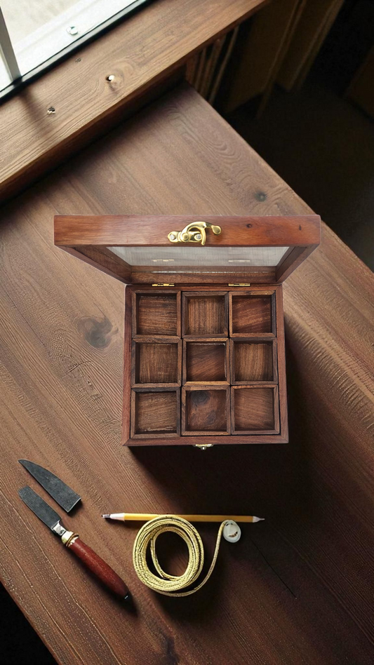 Handcrafted Sheesham Wood Spice Box with Glass Lid – 9 Compartment Masala Organizer