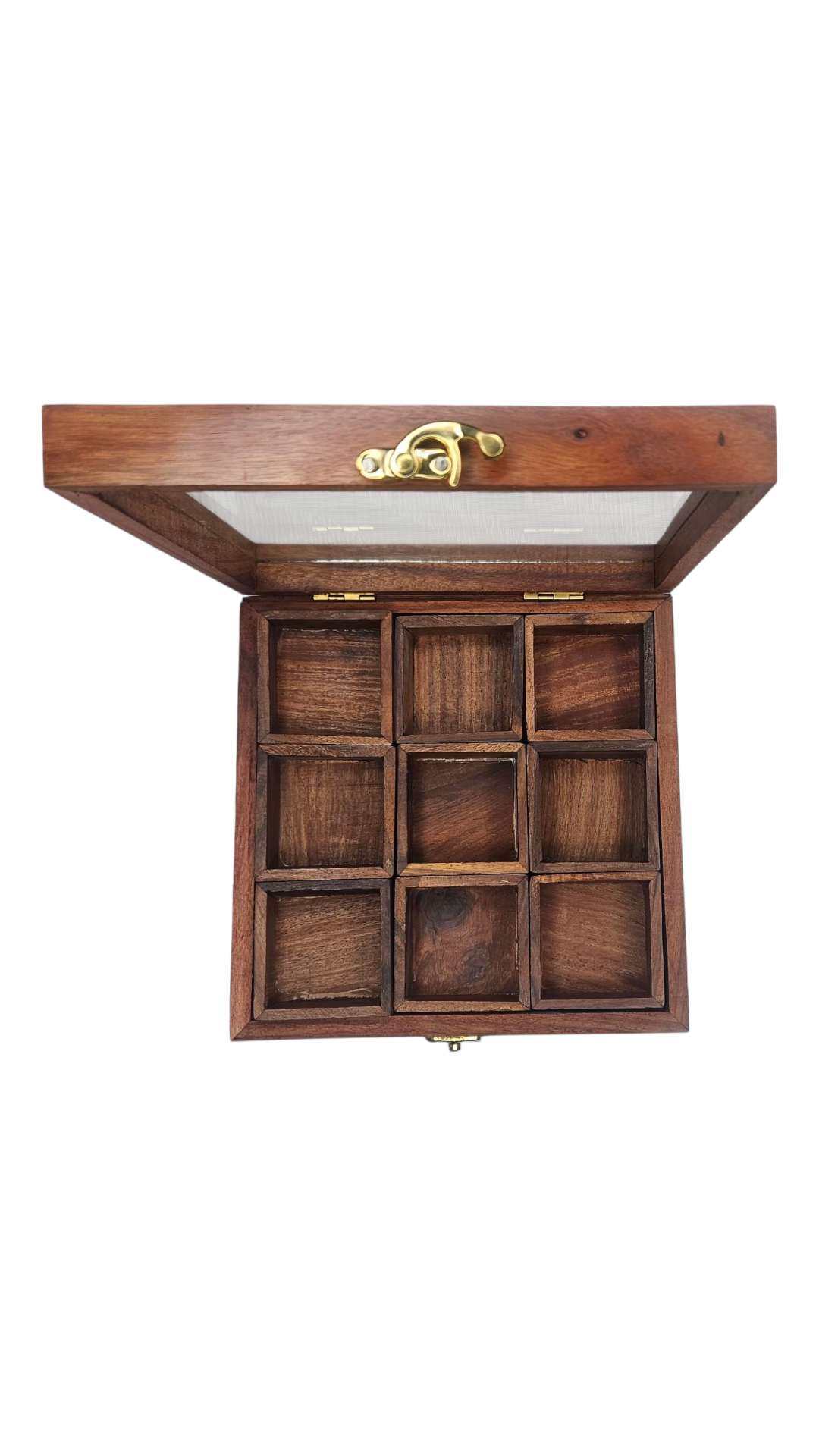 Handcrafted Sheesham Wood Spice Box with Glass Lid – 9 Compartment Masala Organizer
