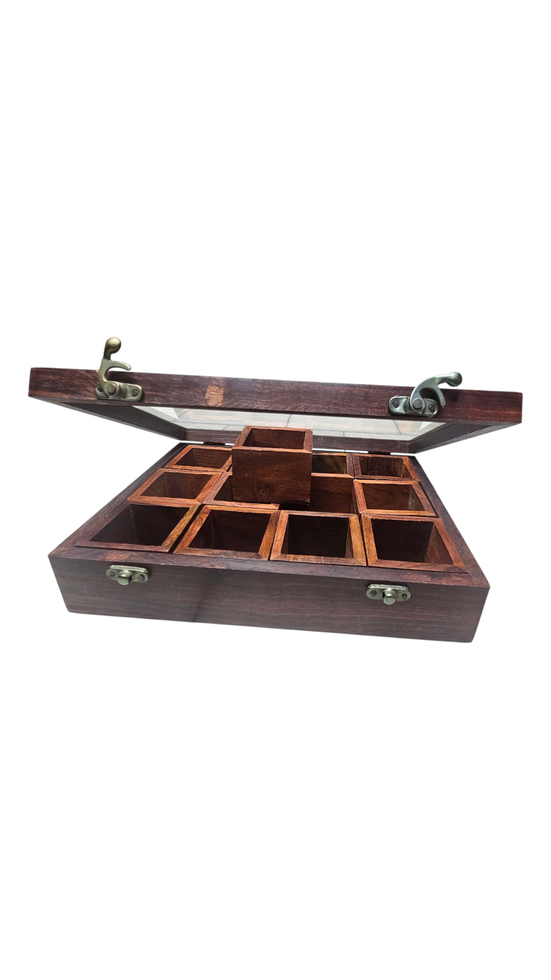 Handcrafted Sheesham Wood Spice Box with Glass Lid – 12 Compartment Masala Organizer