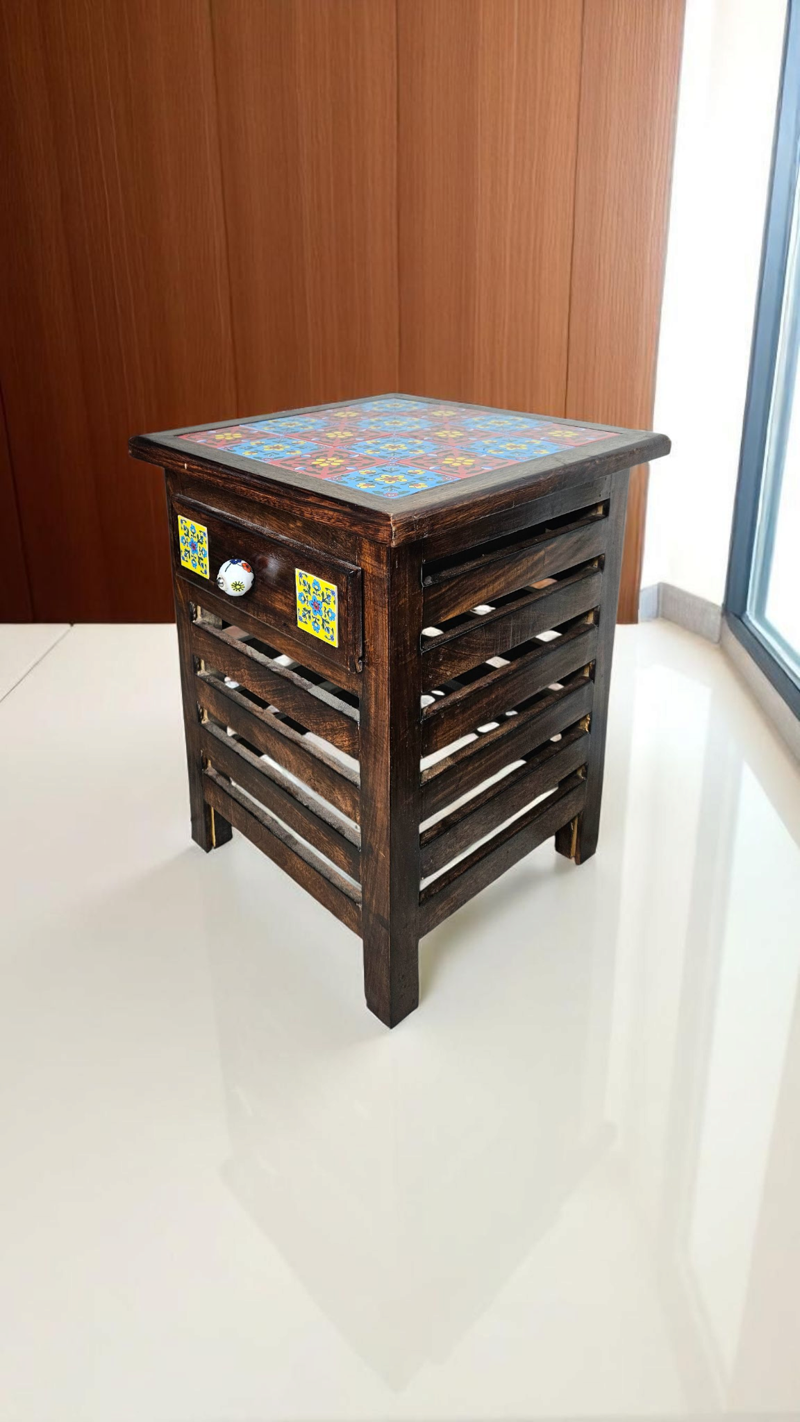 Handmade Wooden Tile-Top Stool | Multipurpose Side Table for Bedroom, Living Room, Dining & Decor | LakdiBaazaar