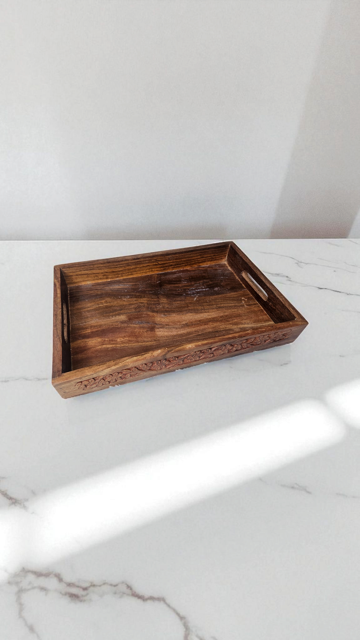 Premium Sheesham Wood Serving Tray with Intricate Border Carving – Handcrafted Elegance | Lakdibaazaar