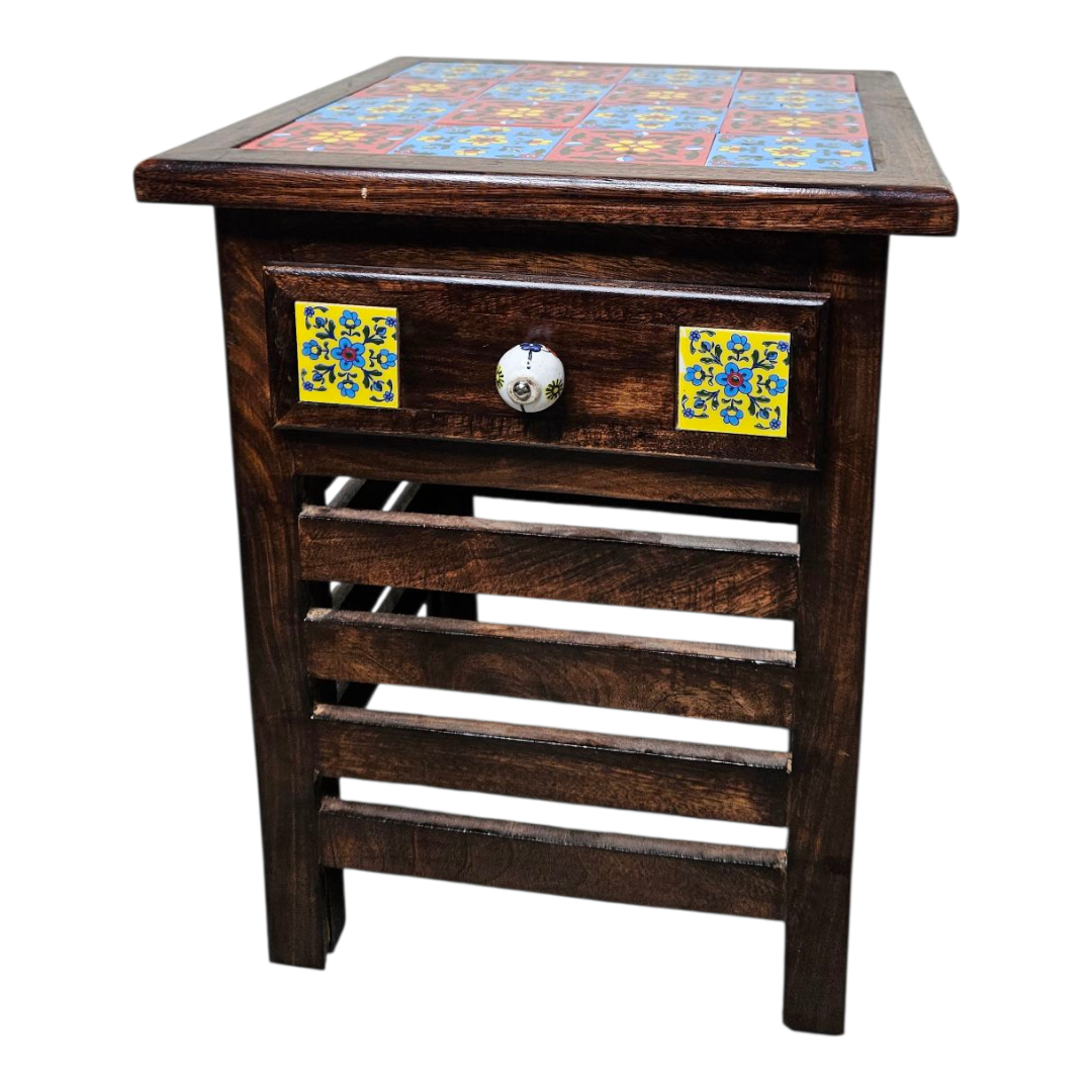 Handmade Wooden Tile-Top Stool | Multipurpose Side Table for Bedroom, Living Room, Dining & Decor | LakdiBaazaar