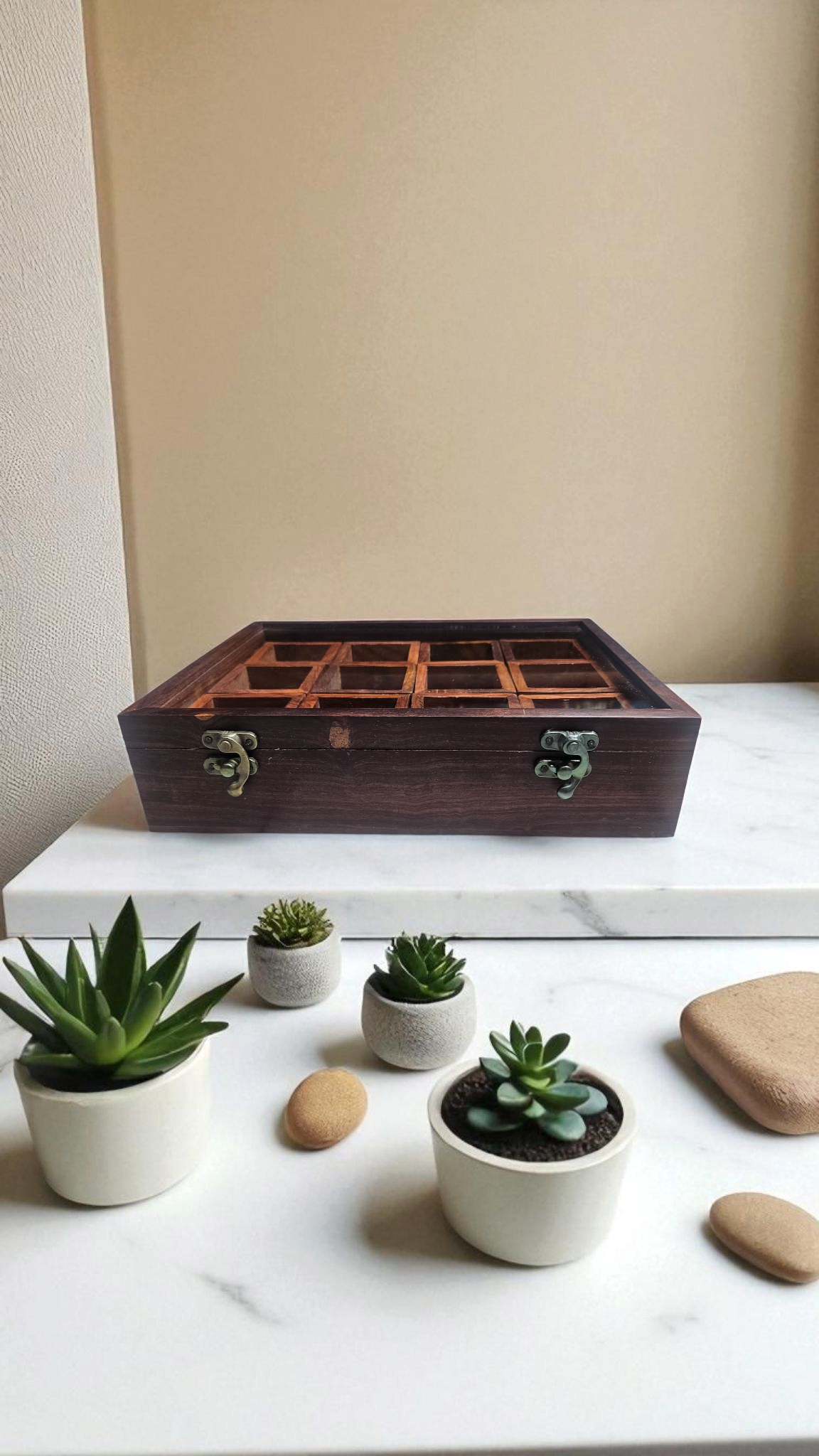Handcrafted Sheesham Wood Spice Box with Glass Lid – 12 Compartment Masala Organizer