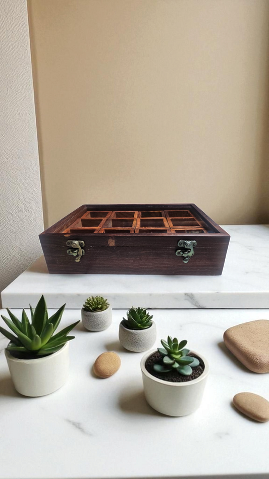 Handcrafted Sheesham Wood Spice Box with Glass Lid – 12 Compartment Masala Organizer