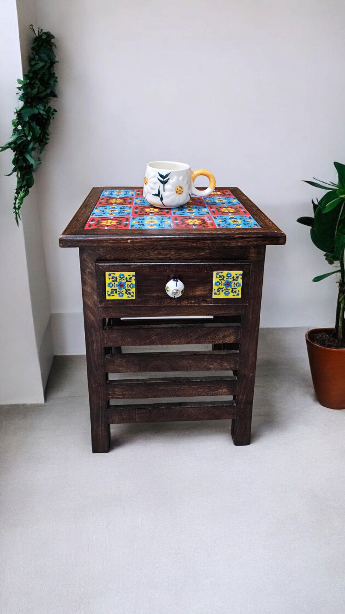 Handmade Wooden Tile-Top Stool | Multipurpose Side Table for Bedroom, Living Room, Dining & Decor | LakdiBaazaar
