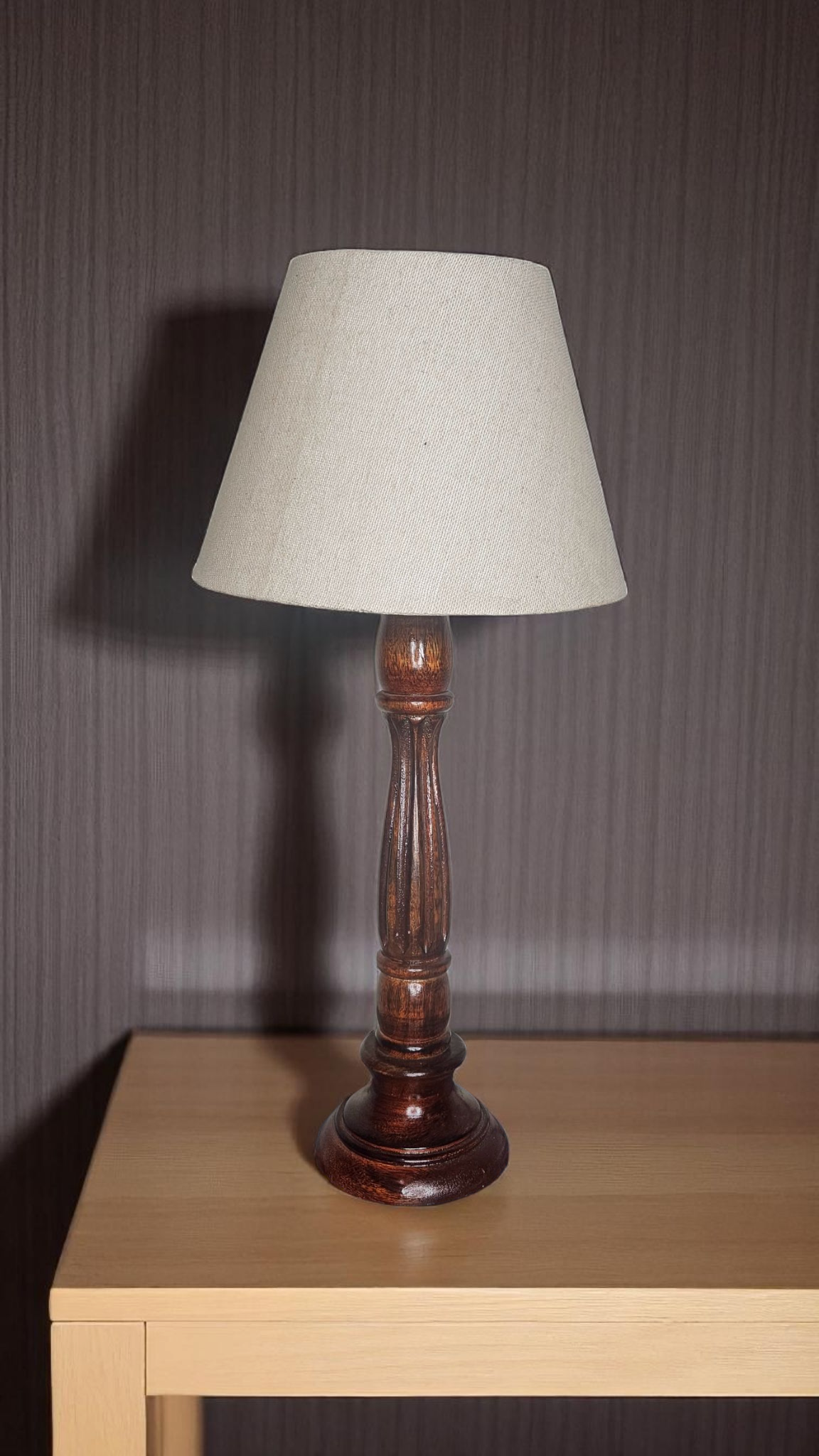 Handmade Wooden Table Lamp | Elegant Bedside Lamp with Classic Fabric Shade | Home Decor Lighting | LakdiBaazaar