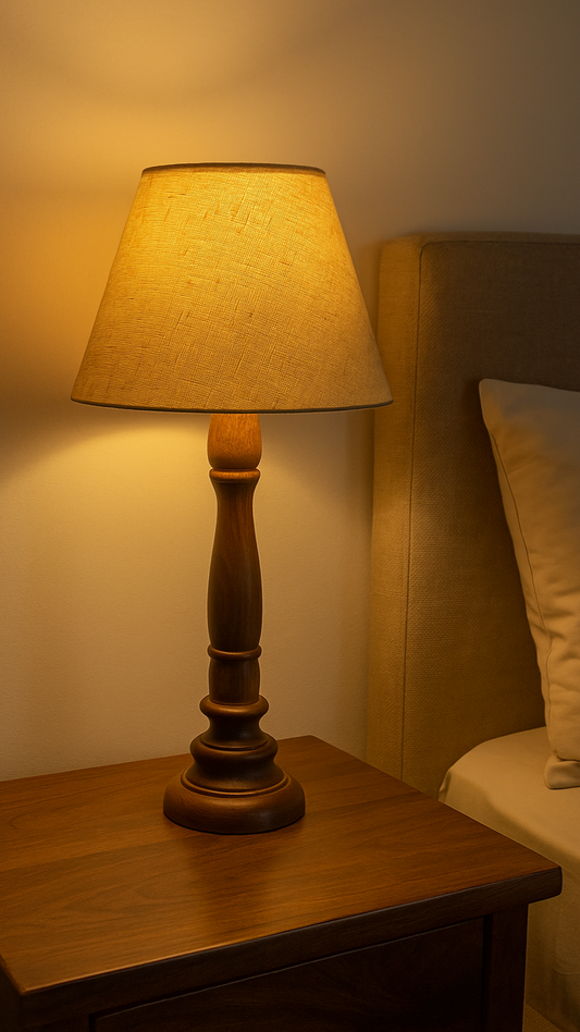 Handmade Wooden Table Lamp | Elegant Bedside Lamp with Classic Fabric Shade | Home Decor Lighting | LakdiBaazaar