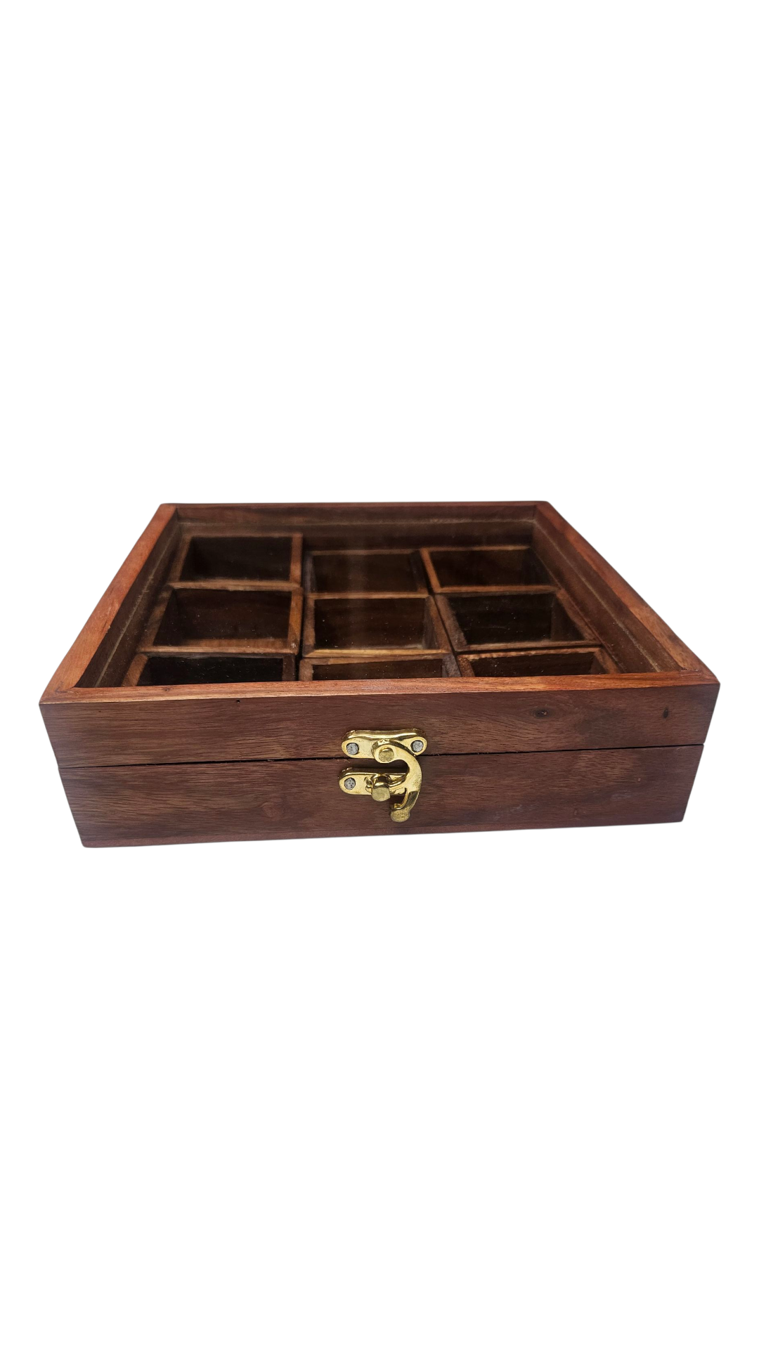 Handcrafted Sheesham Wood Spice Box with Glass Lid – 9 Compartment Masala Organizer