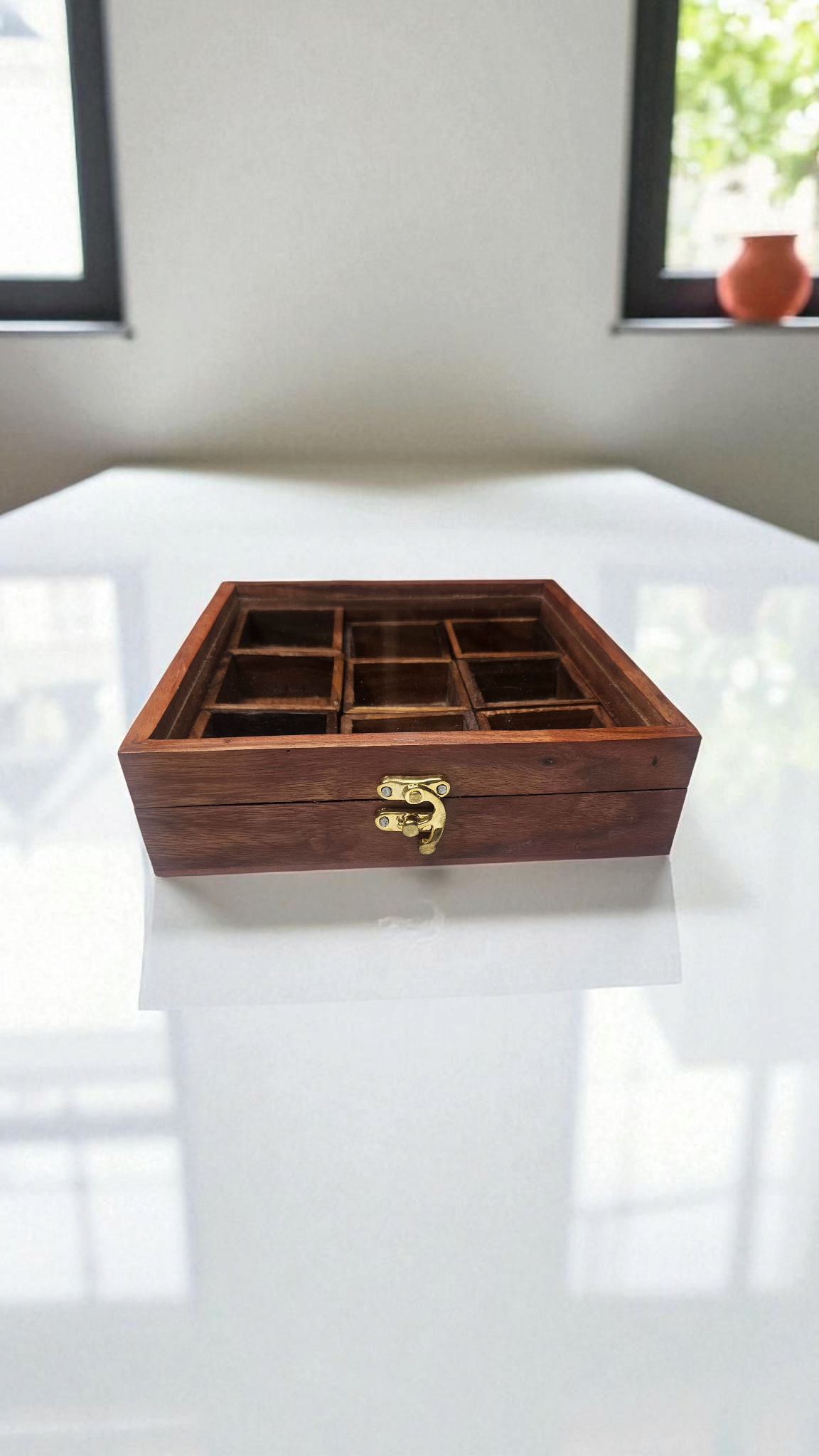 Handcrafted Sheesham Wood Spice Box with Glass Lid – 9 Compartment Masala Organizer