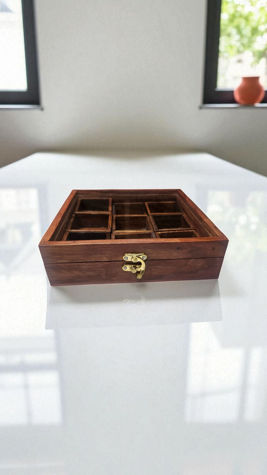Handcrafted Sheesham Wood Spice Box with Glass Lid – 9 Compartment Masala Organizer