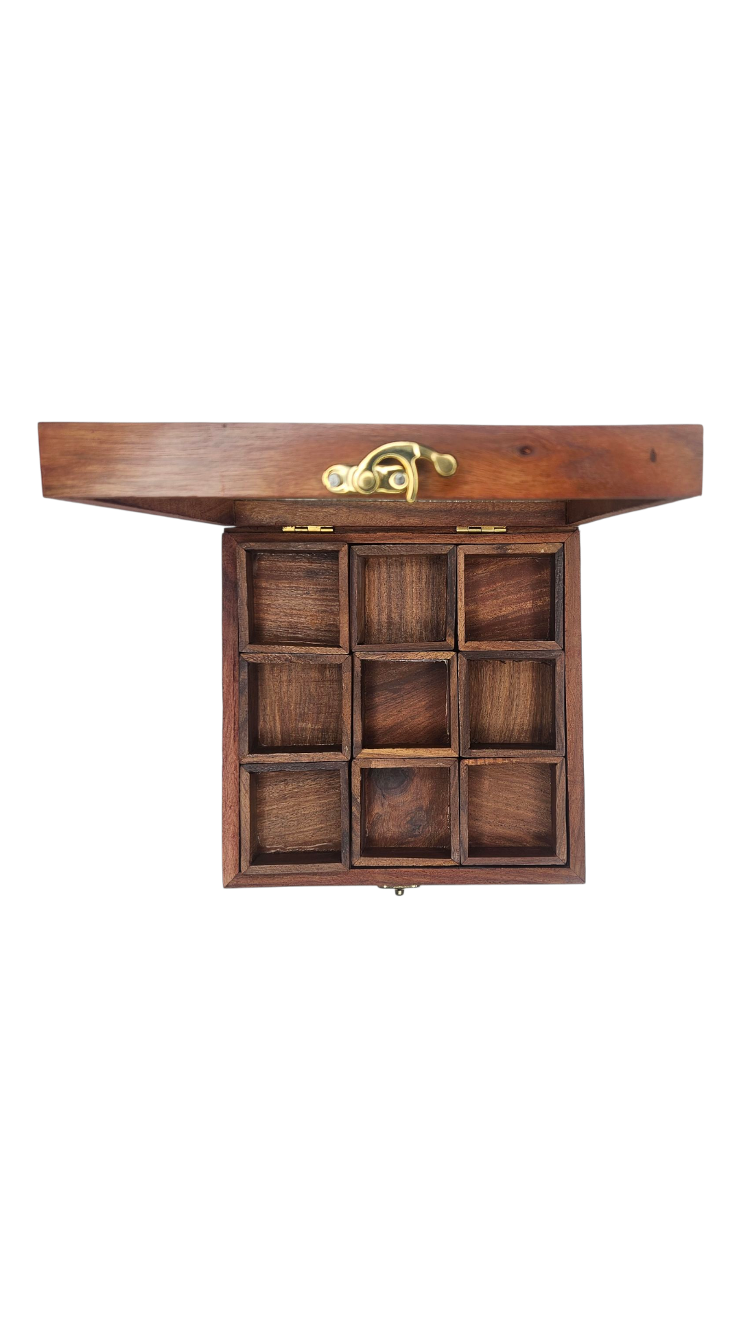 Handcrafted Sheesham Wood Spice Box with Glass Lid – 9 Compartment Masala Organizer