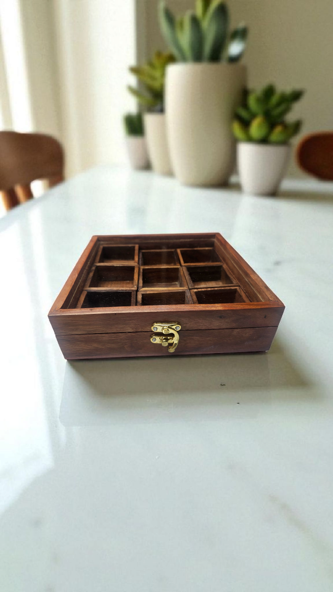 Handcrafted Sheesham Wood Spice Box with Glass Lid – 9 Compartment Masala Organizer