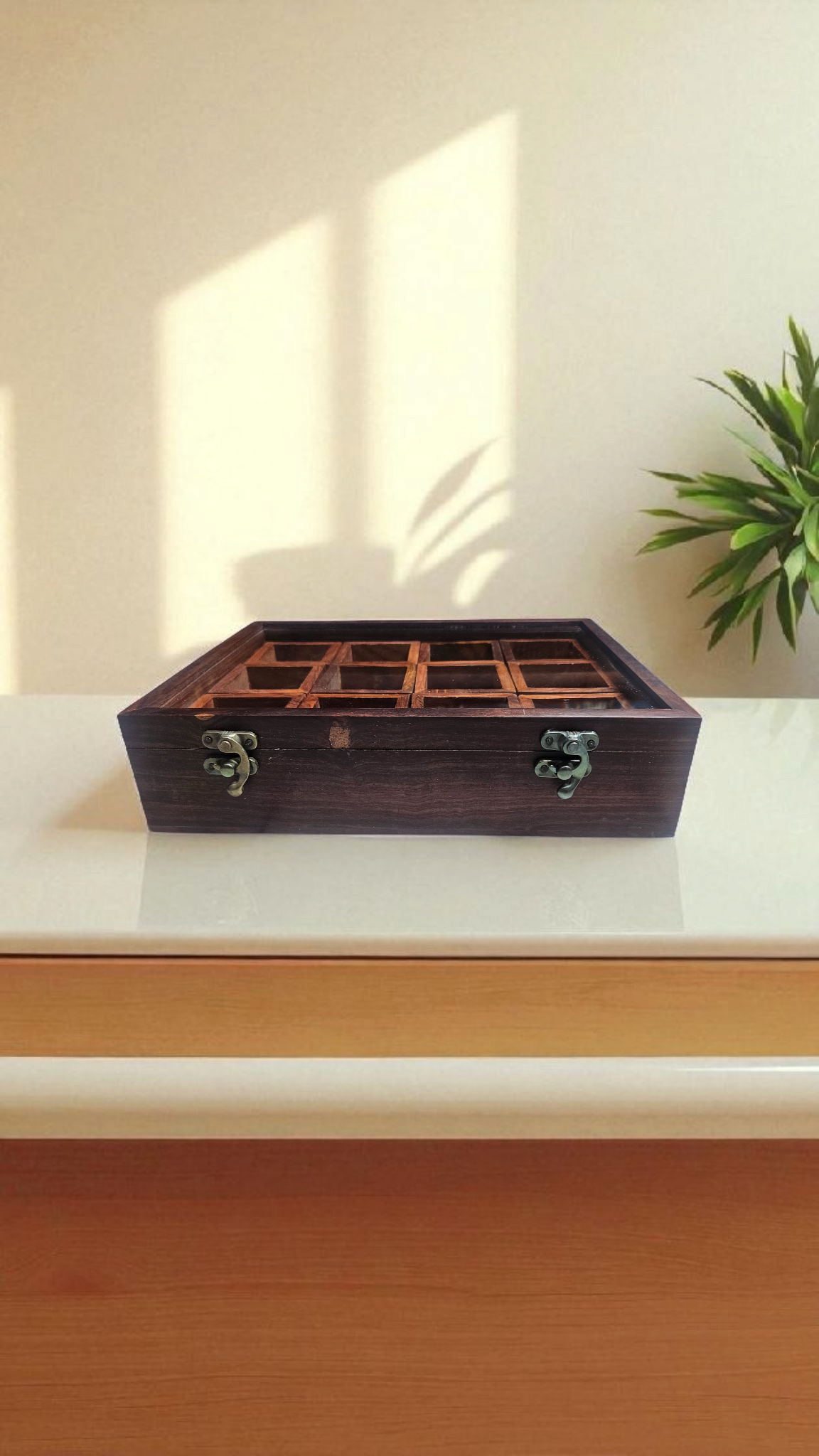 Handcrafted Sheesham Wood Spice Box with Glass Lid – 12 Compartment Masala Organizer