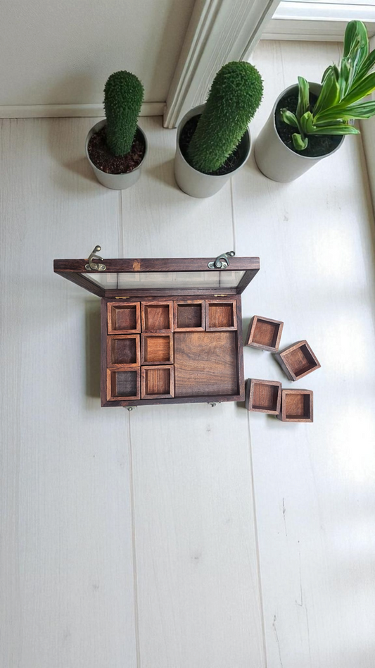 Handcrafted Sheesham Wood Spice Box with Glass Lid – 12 Compartment Masala Organizer