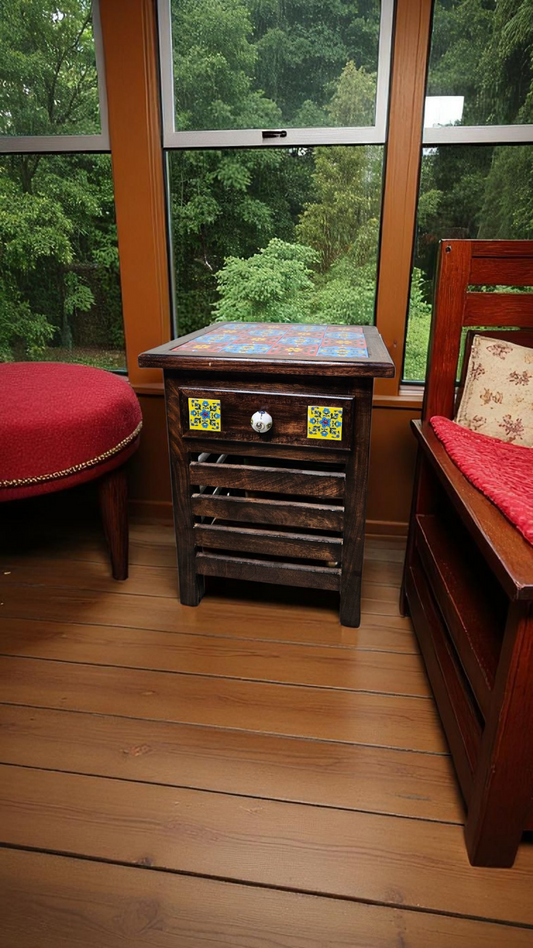 Handmade Wooden Tile-Top Stool | Multipurpose Side Table for Bedroom, Living Room, Dining & Decor | LakdiBaazaar