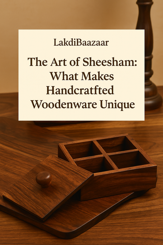 A beautifully arranged flat lay of handcrafted Sheesham wood kitchenware including spice boxes, trays, and ladles, showcasing rich wood grain and artisan craftsmanship.
