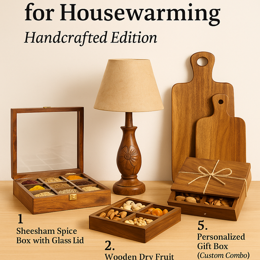 A styled image featuring five handcrafted wooden gift items — a spice box, dry fruit tray, lamp, chopping board, and personalized combo box — perfect for housewarming gifts.