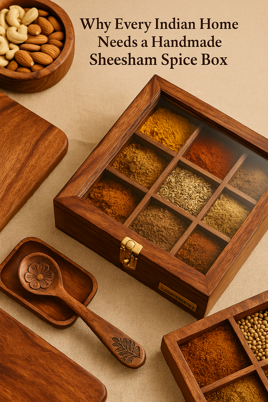 A handcrafted Sheesham wood spice box with 9 compartments and a transparent glass lid, elegantly filled with colorful Indian spices, set on a minimal kitchen background.
