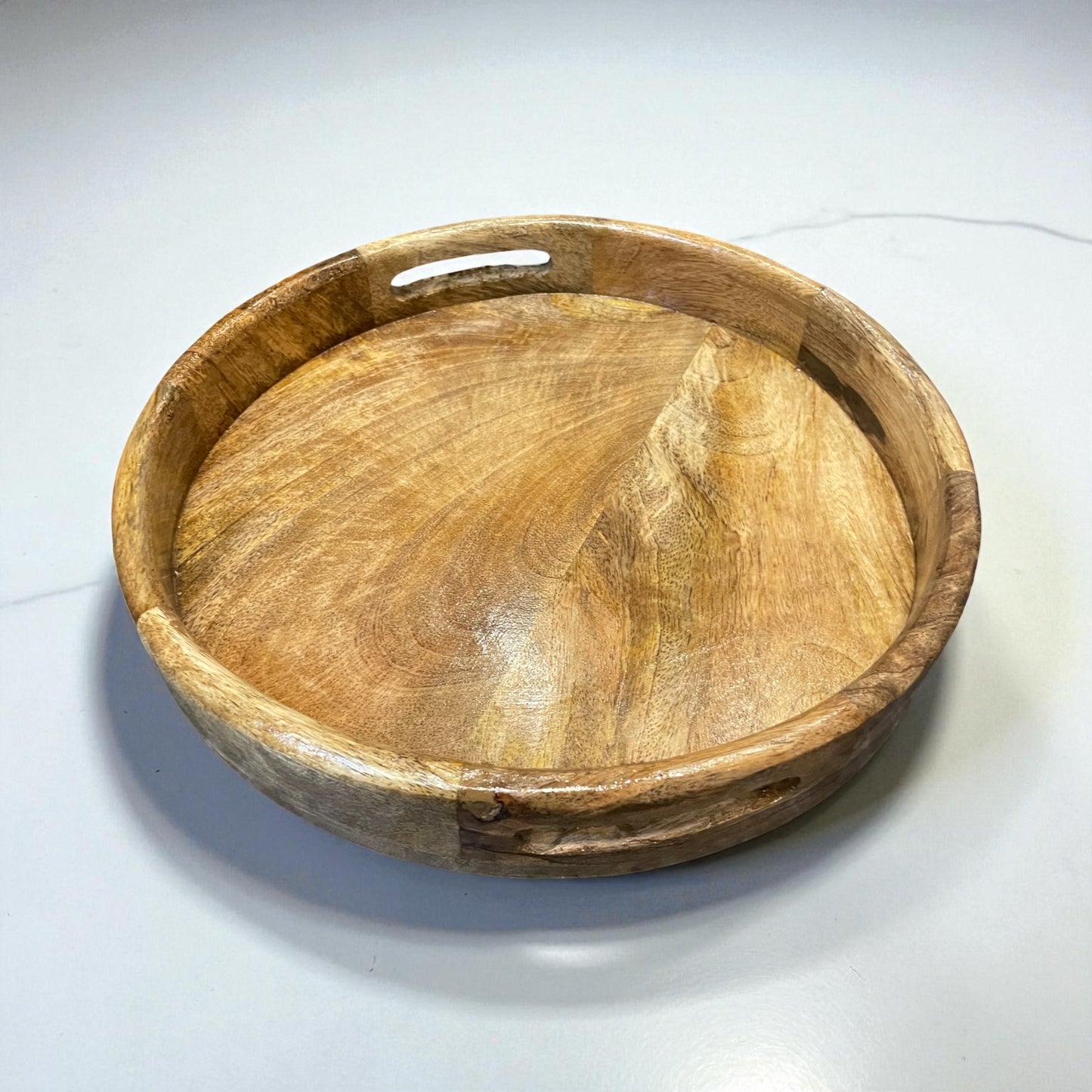 Handcrafted Sheesham Wood Round Serving Tray with Side Handles | Rustic Wooden Breakfast & Tea Tray