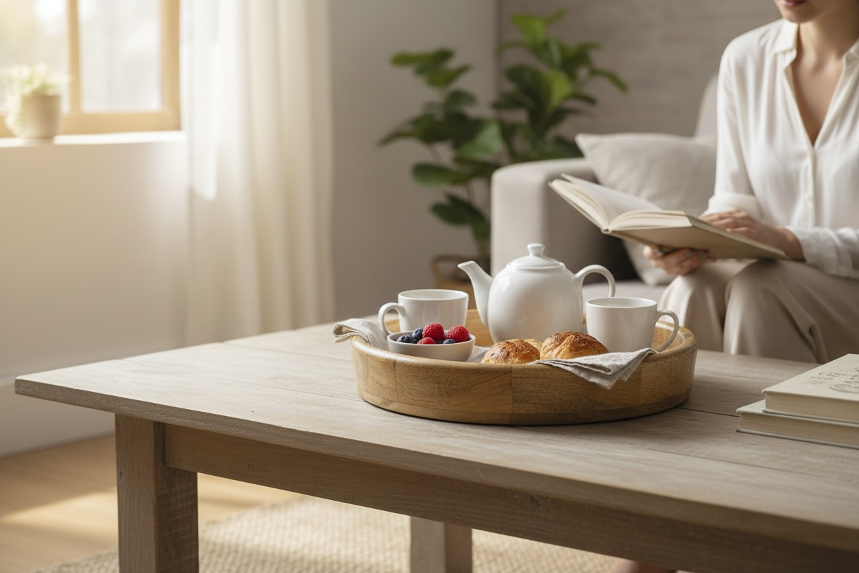 Handcrafted Sheesham Wood Round Serving Tray with Side Handles | Rustic Wooden Breakfast & Tea Tray