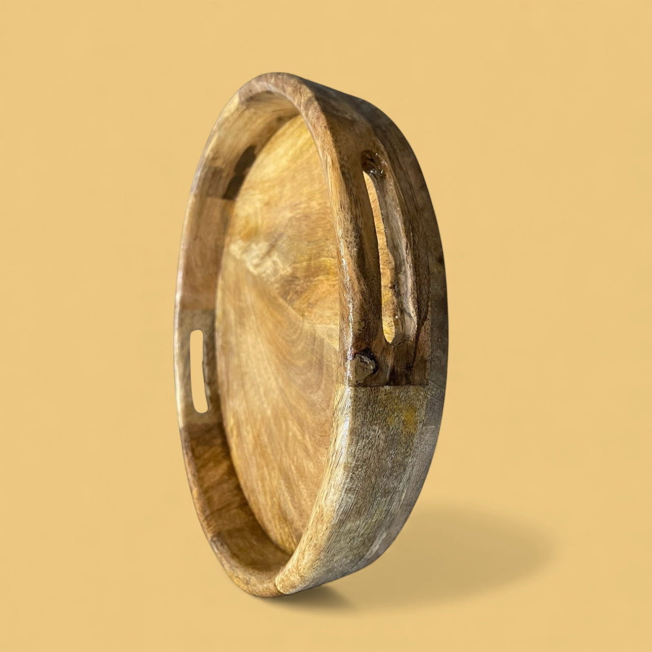 Handcrafted Sheesham Wood Round Serving Tray with Side Handles | Rustic Wooden Breakfast & Tea Tray