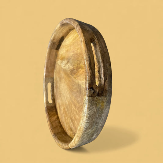 Handcrafted Sheesham Wood Round Serving Tray with Side Handles | Rustic Wooden Breakfast & Tea Tray