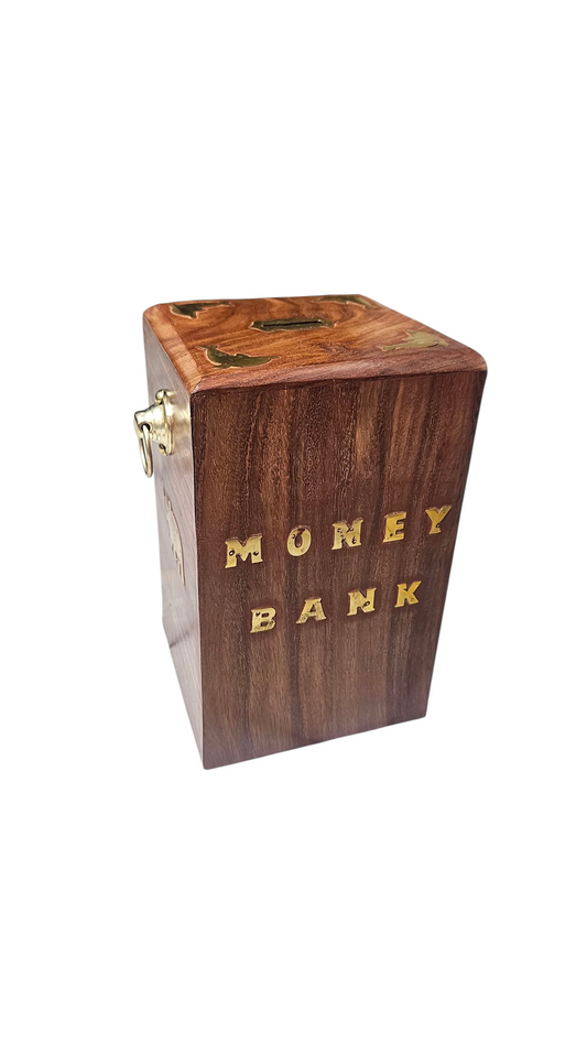 Handcrafted Sheesham Wood Money Bank with Brass Inlay & Lock | Wooden Piggy Bank | LakdiBaazaar