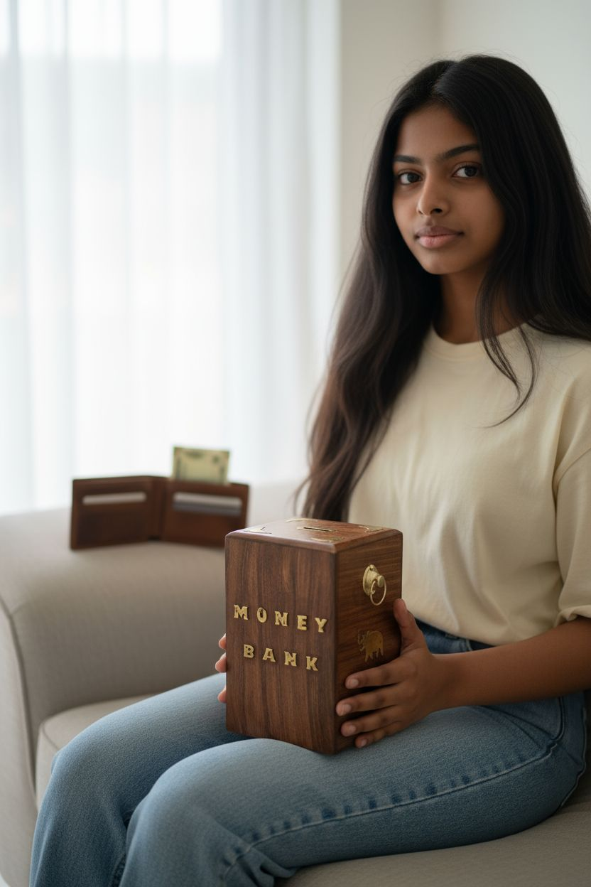 Handcrafted Sheesham Wood Money Bank with Brass Inlay & Lock | Wooden Piggy Bank | LakdiBaazaar