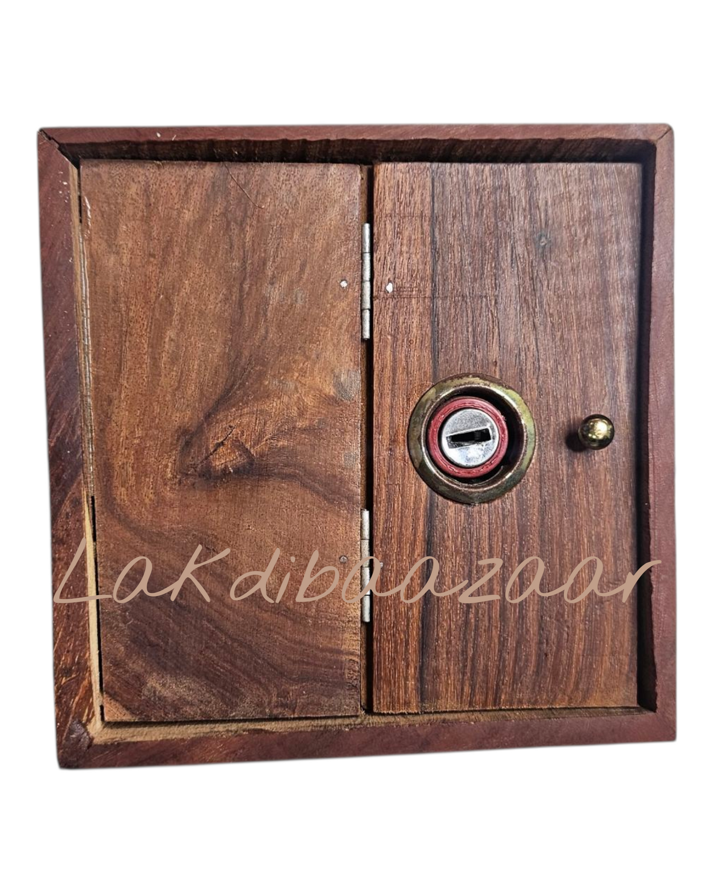 Handcrafted Sheesham Wood Money Bank with Brass Inlay & Lock | Wooden Piggy Bank | LakdiBaazaar
