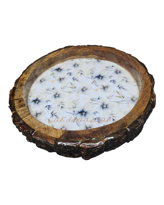 Handcrafted Wooden Log Resin Tray | Round Live-Edge Serving Tray with Floral Design | LakdiBaazaar