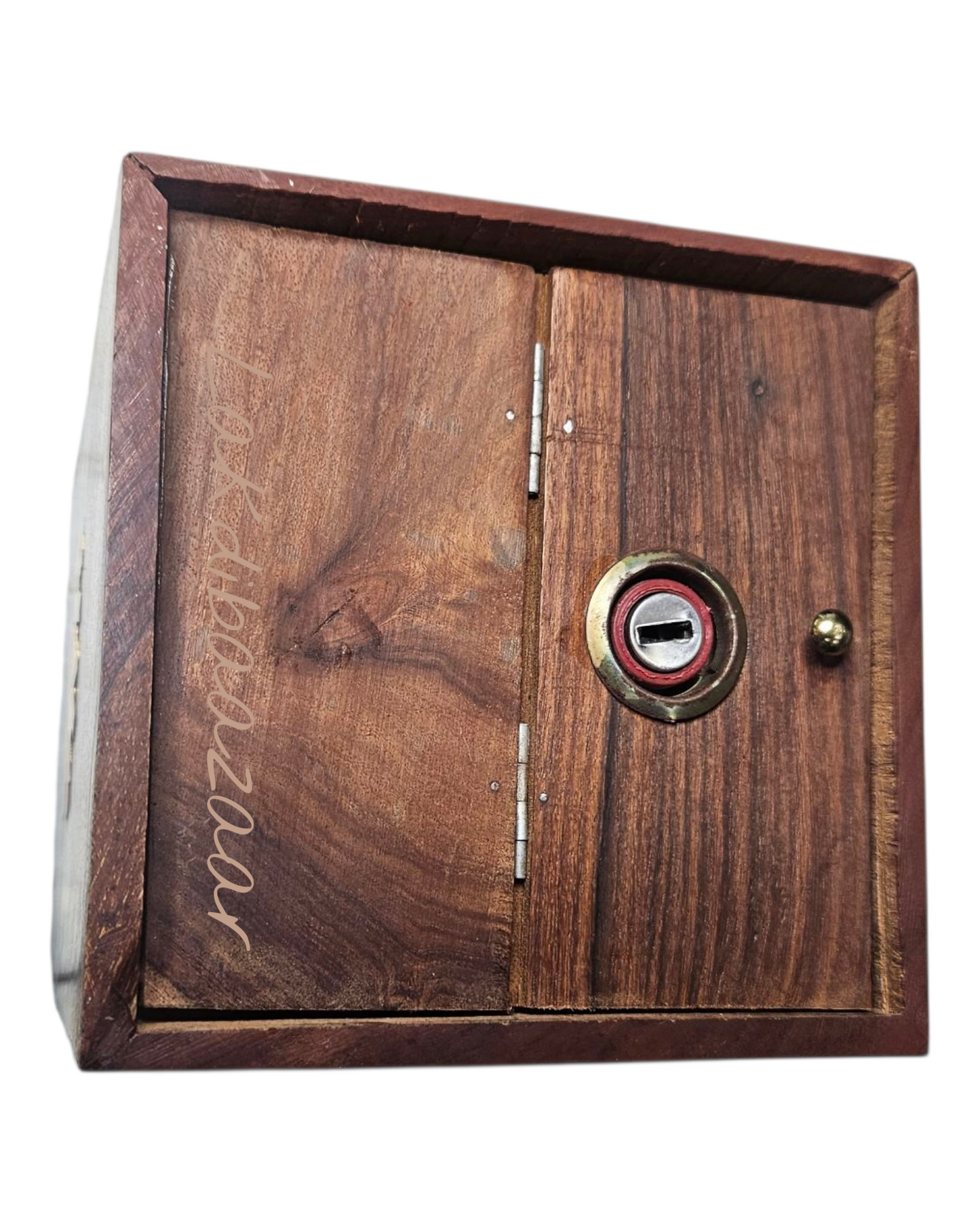 Handcrafted Sheesham Wood Money Bank with Brass Inlay & Lock | Wooden Piggy Bank | LakdiBaazaar