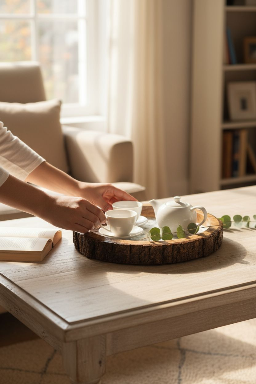 Handcrafted Wooden Log Resin Tray | Round Live-Edge Serving Tray with Floral Design | LakdiBaazaar