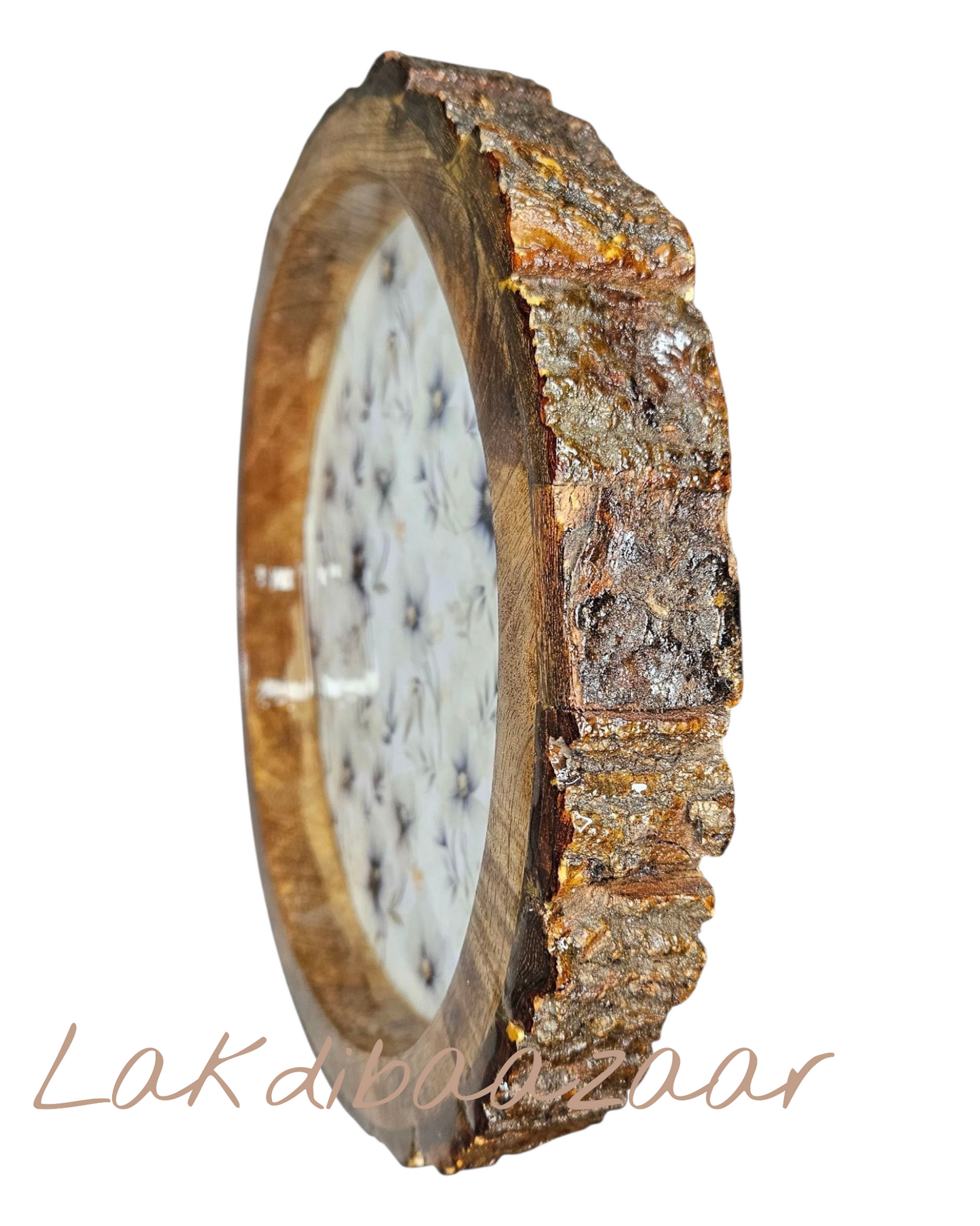 Handcrafted Wooden Log Resin Tray | Round Live-Edge Serving Tray with Floral Design | LakdiBaazaar
