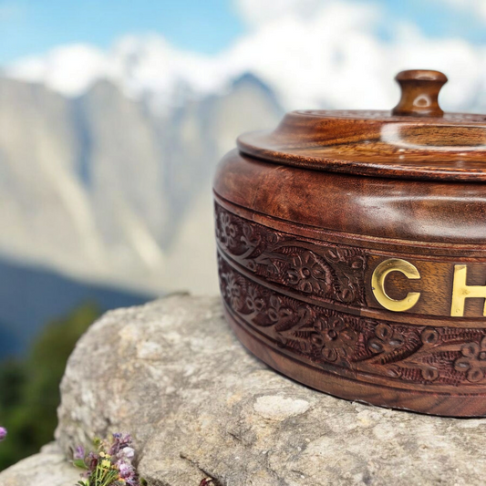 Front view of chapati box with engraved floral pattern