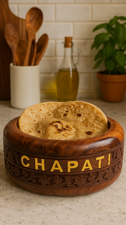 Front view of chapati box with engraved floral pattern