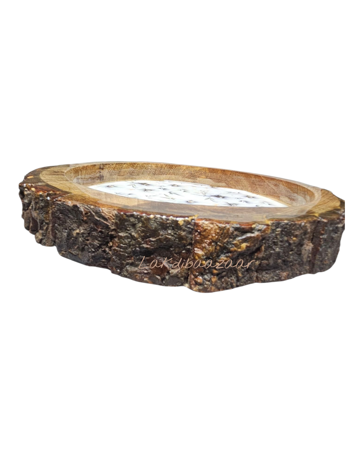 Handcrafted Wooden Log Resin Tray | Round Live-Edge Serving Tray with Floral Design | LakdiBaazaar